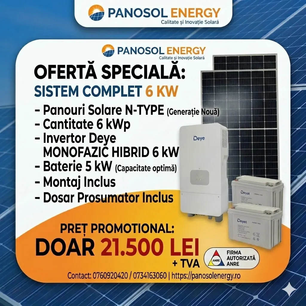 Deye Sistem fotovoltaic 6 kW hybrid +5kW Baterie - Monofazat 21.500 lei + TVA